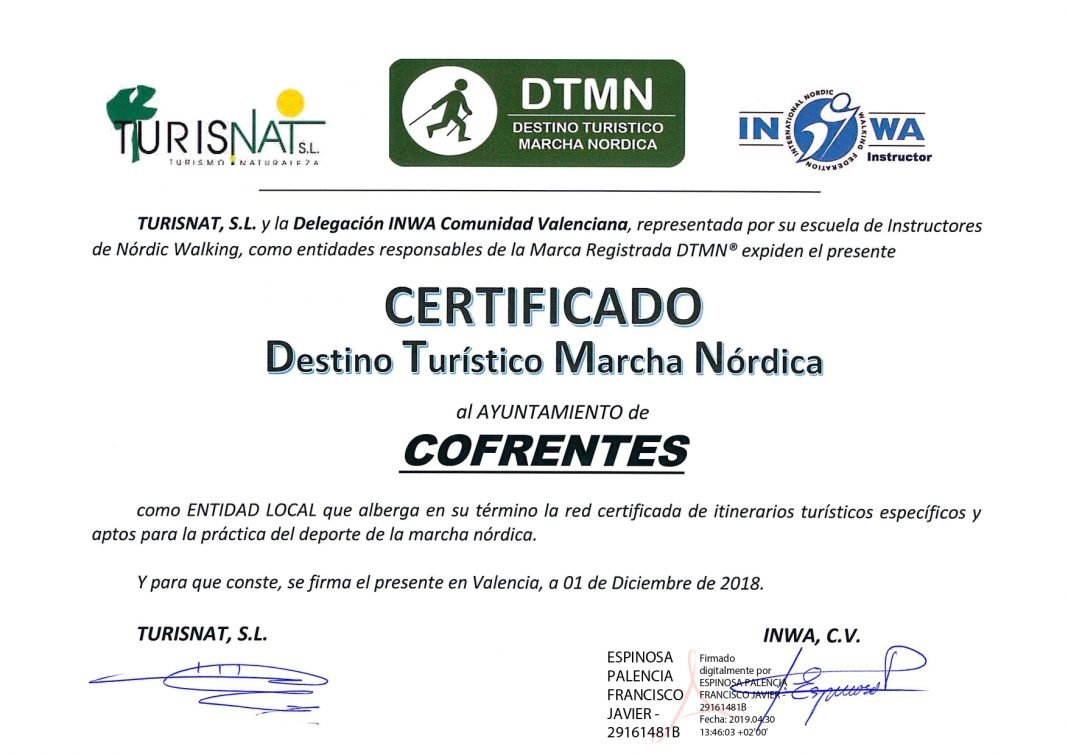 Cofrentes obtiene el certificado de DESTINO TURISTICO MARCHA NÓRDICA